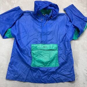 VTG Asics Windbreaker Mens L/XL Blue Green Colorblock Hooded Anorak Jacket Pouch
